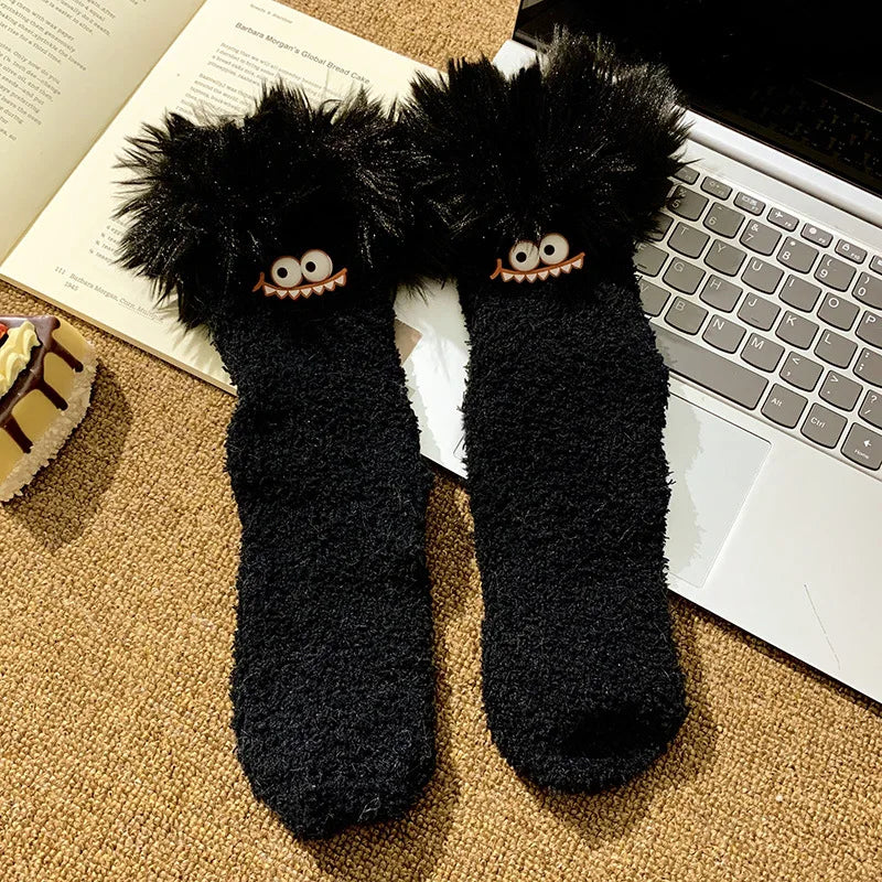 Funny Big Mouth Monster Plush Socks Cute And Fun Plush Socks Thick Coral Velvet Cartoon Sleeping Socks Winter Women Socks Gifts