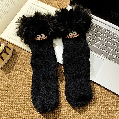 Funny Big Mouth Monster Plush Socks Cute And Fun Plush Socks Thick Coral Velvet Cartoon Sleeping Socks Winter Women Socks Gifts