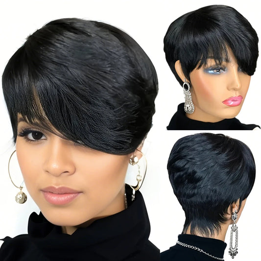 Pixie Cut Wigs Short Human Hair Wigs with Bangs Short Layered Full Machine Made Wig Natural Black Color for Women
