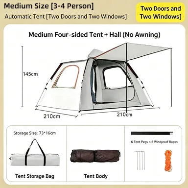 Foldable Portable Camping Tent Enhanced Ventilation Waterproof Wind & Rain Resistant With Storage Bag