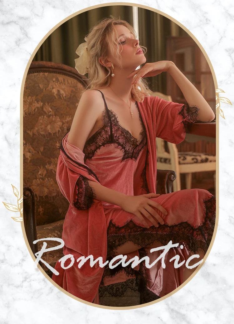 REBEYULI Brand Sexy Sleepwear Women 2026 Autumn Lace Sweet Solid Night Dress Long Soft Comfortable Velvet Robe Gown Sets Women