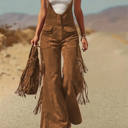 Spring Autumn New in Women's Personalized Retro Suede Tassel Wide Leg Pants Casual Loose Pocket Strap Work Pants Pants
