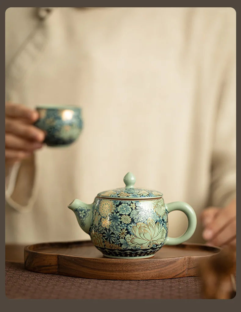 Ru Kiln Ceramic Teapot Gilded Peony Western Han Tile Pot Kung Fu Tea Set Household Tea Pot