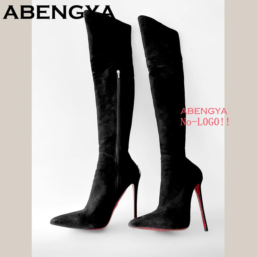 2025 Autumn Winter Fashion Pointy Toe Thin High Heels Long Boots Women Suede Leather Knee-High Boot Sexy Slim Knight Botas Mujer