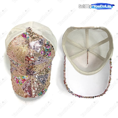 Summer Shiny Sequin Back Mesh Adjustable Cotton Baseball Cap Sun Hat