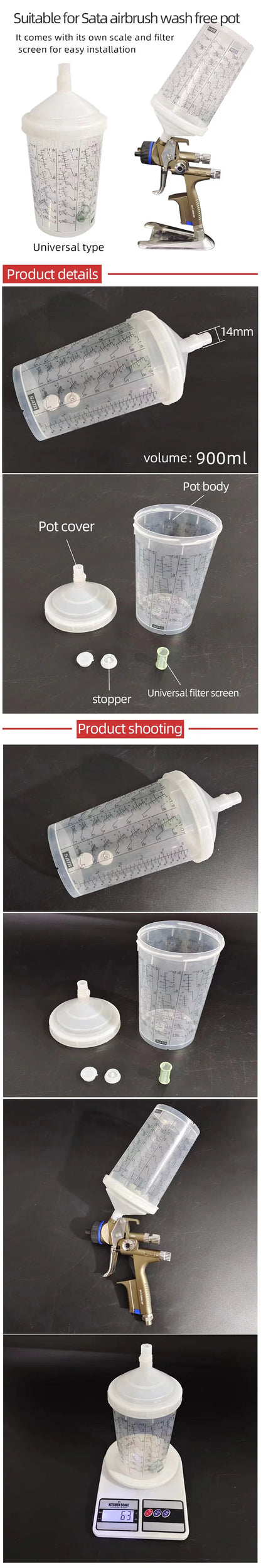 SATA 900 ML Spray Gun Multi-Purpose Paint Plastic Pot Transparent Paint Mixing Cup Universal Paint No-Wash Gun Pot