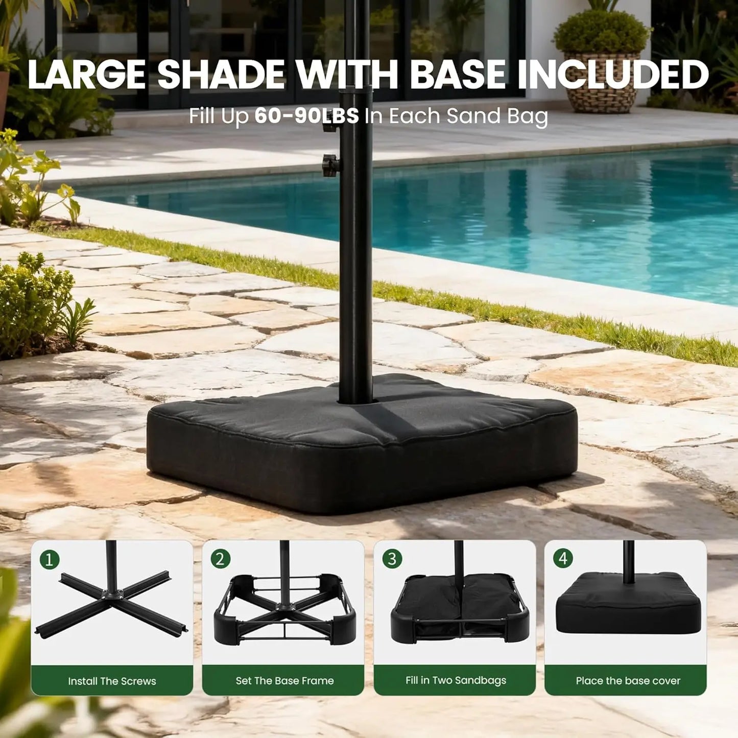 10ft Solar LED Patio Umbrella with Base, 32 LED Lighted Outdoor Offset Cantilever Umbrella with Sturdy 8 Rids, Customized