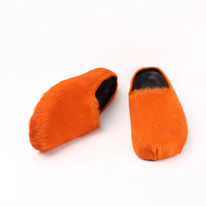 2026 Horsehair Italy Real Leather Slides fur Slippers Women Mule Runway Flats Thick Sole Leisure Luxury Designer Shoes