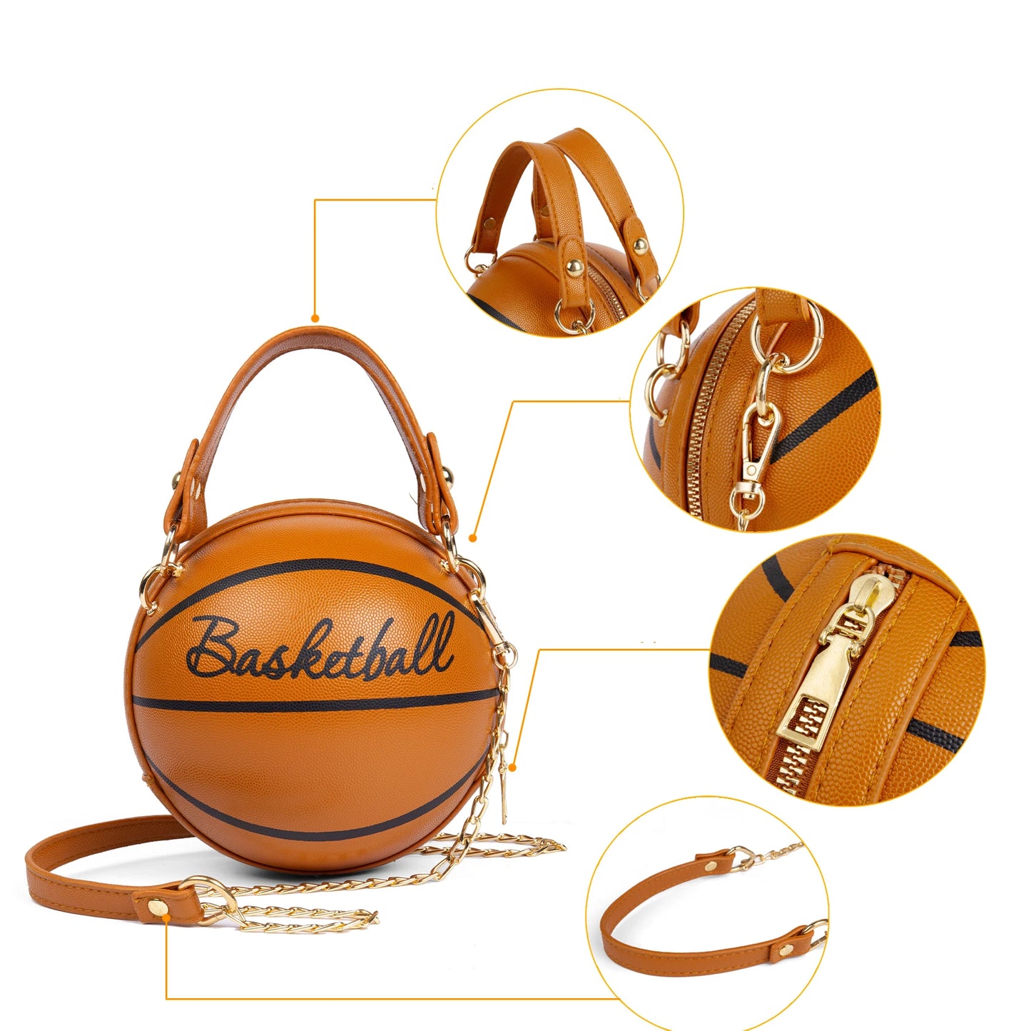 Basketball Shaped Crossbody Bag, Trendy Y2K Chain Shoulder Bag, PU Leather Top Handle Circle Purse Purses and Handbags Hand Bags