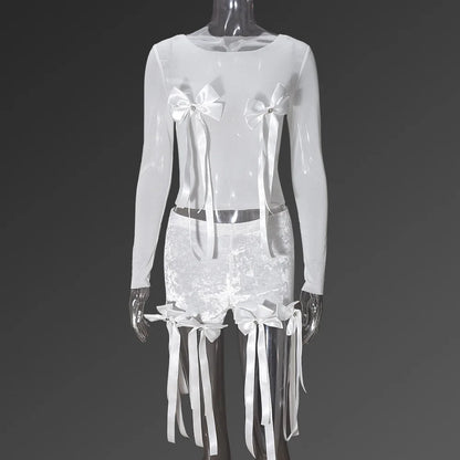 White 3D Bowknot Tassel Sexy Sheer Mesh Women Two Piece Short Sets 2026 Summer Fashion Long Sleeve Tshirt and Mini Shorts Outfit