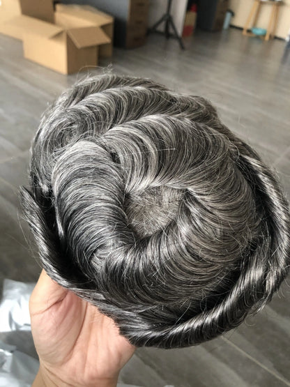 Natural Hairline 1B65 Grey Old Man 100% Human Hair Wigs System Prosthesis Super Durable 0.1mm Strong PU Base Men Silicon Toupee