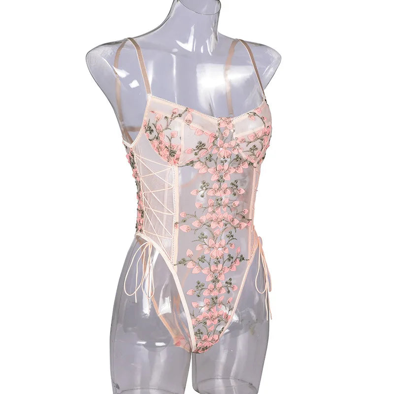 Retro 2024 New Gothic Sexy Mesh Romper Women Punk Aesthetic Fairycore Grunge Emo Floral Embroidery See Through Lingerie Jumpsuit