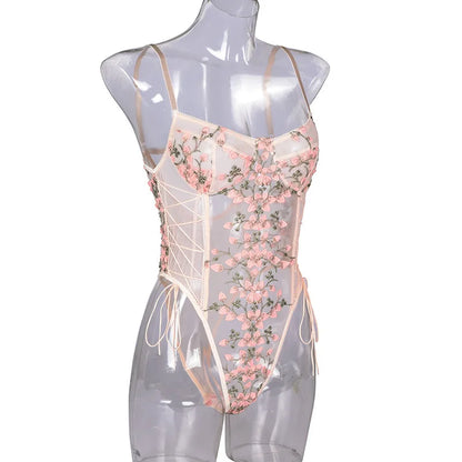 Retro 2024 New Gothic Sexy Mesh Romper Women Punk Aesthetic Fairycore Grunge Emo Floral Embroidery See Through Lingerie Jumpsuit