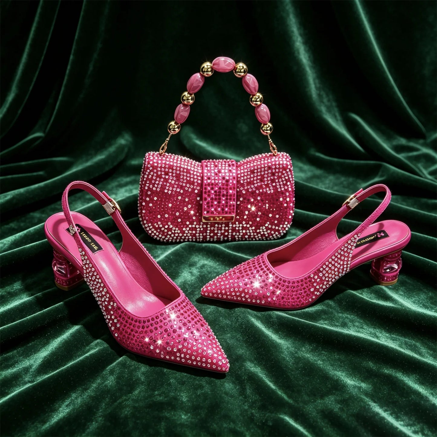Hot Fuchsia Full Rhinestone Slingback Heels Matching Clutch Bag Set Women Luxury Crystal Pointed Shoes for Wedding Evening Party
