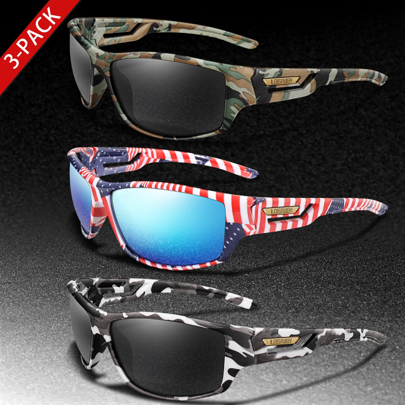 3 Pairs Polarized Fishing Sunglasses Men Camo Military Style UV400 For Cycling Riding, Running, Fishing And Driving