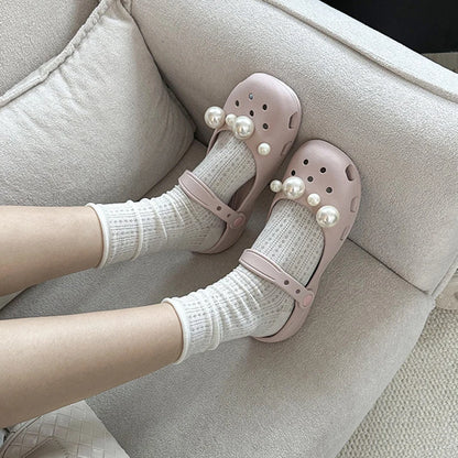 Clogs Summer Slippers Women Luxury Pearl Metal Flower Mary Janes Designer Ballet Shoes Girls Corc Charms Sandals Indoor Outdoor