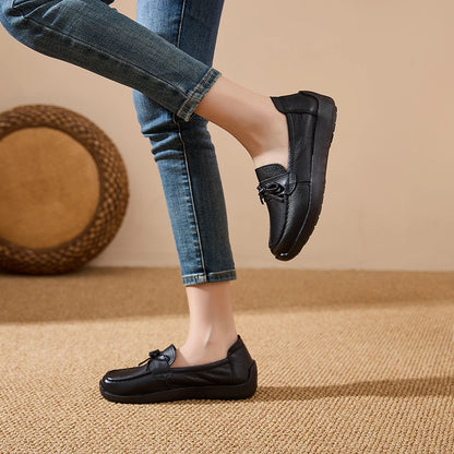 AIYUQI Women Bow Genuine Leather Loafers Slip‑on Platform Women Flat Shoes Mother Shoes Ladies Casual Walking Moccasins