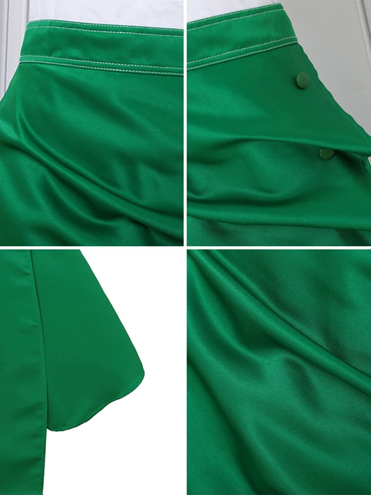 VONDA Plus Size 5XL Elegant Women Satin Skirts High Waist Button Pleated Asymmetrical Maxi Jupes Fashion Solid Long Faldas Saia