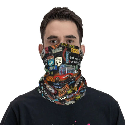 Custom Travel Motorcycle Ride Route 66 Bandana Winter Neck Warmer Windproof Wrap Face Scarf for Hiking Highways Gaiter Headband