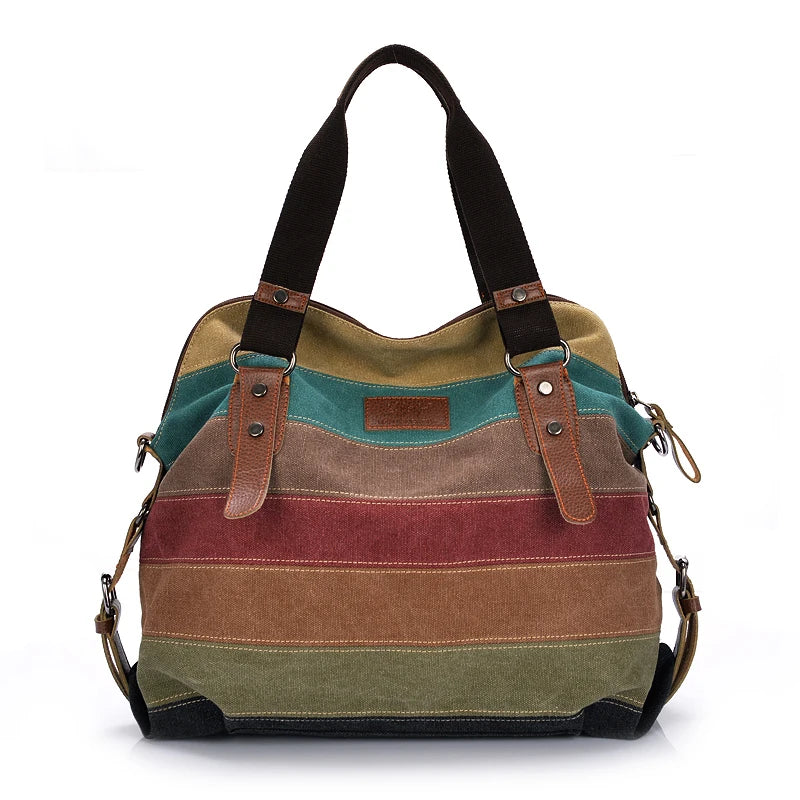 Canvas Totes Striped Womens Handbag 2021 Patchwork Rainbow Shoulder Bag Fashion Female Casual Crossbody Bag Sac A Main