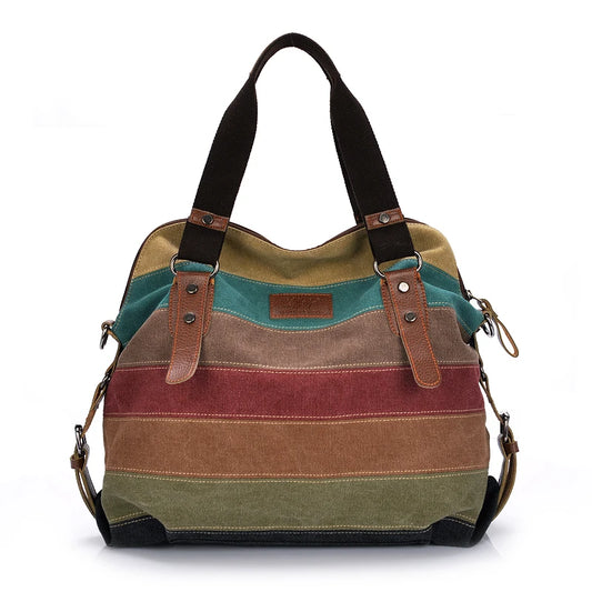 Canvas Totes Striped Womens Handbag 2021 Patchwork Rainbow Shoulder Bag Fashion Female Casual Crossbody Bag Sac A Main