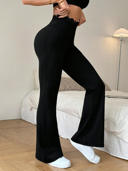 Ladies' lace flared trousers with wide waist design are intellectual, elegant, simple, fashionable, casual and versatile.