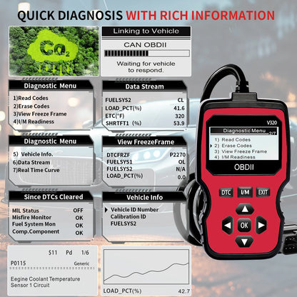 Obd2 Diagnostic Scanner Tool - Engine Fault Code Reader for All Cars since 1996, with Real-Time Data Stream, Battery Test, and Code Erasure