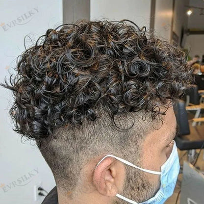 Undetectable Afo Man Jet Black 18mm Curly Micro Skin Base Men Toupee Natural Hairline Man's Curly Human Hair Prosthesis System