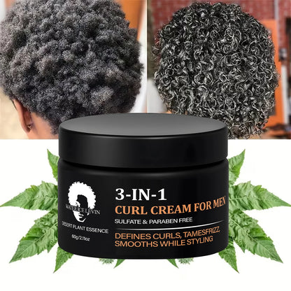 Men's 3-IN-1 Curl Cream with Coconut Oil & Collagen Defines Curls Tames Frizz Smoothes Styling Sulfate Free 60g