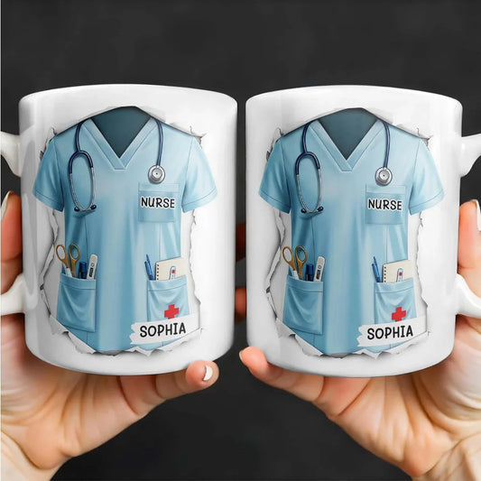 Custom Nurse Day Gift Ceramic Mug with Engraving - Premium White Cup with Medical Motifs