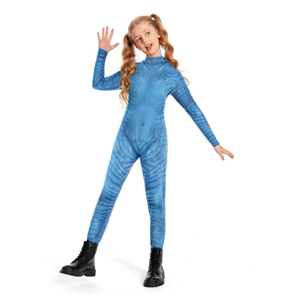Boy Girl Avatar Jumpsuits Halloween Cosplay Costume Carnival Stage Performance Movie Kids Avatar with Tail Zentai Bodysuits
