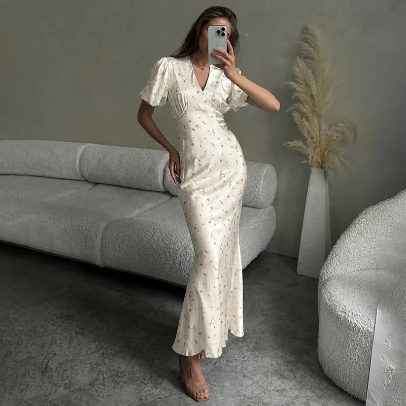 TARUXY Stylish Printed Maxi Dress Women Elegant Slim V-Neck Short-Sleeve Evening Dress Summer New Casual Commuter Female Dress