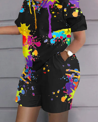 Ladies Casual Summer Two Piece Sets Printed Shorts Sets Women Round Neck Short Sleeve T Shirts Pullover High Waist Trousers Suit