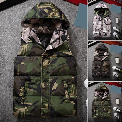 Winter Men Waistcoat Camouflage Thickened Cotton Padded Windproof Zipper Hooded Vest Coat for Daily Wear