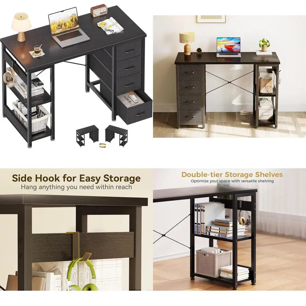 Compact 40 Computer Desk with Fabric Drawers, Ideal for Small Spaces, Home Office & Study with Storage Shelves, Black