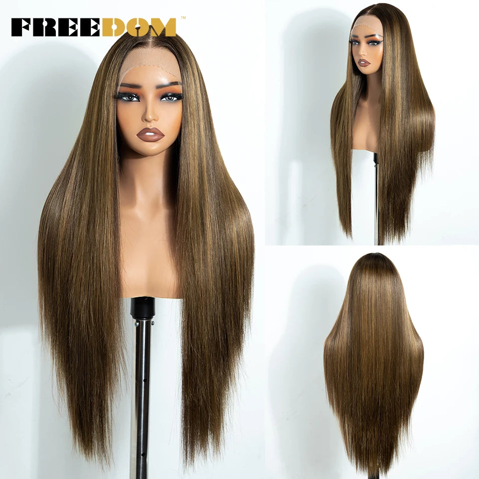FREEDOM 13X4 Pre Plucked Synthetic Lace Front Wigs For Black Women Natural Hairline Straight 30 Inch Ombre Brown Wig Daily Use