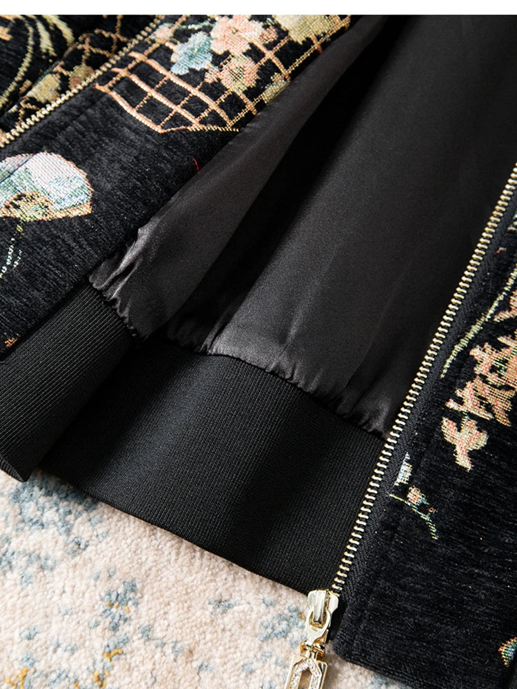 Luxury Beaded Black Jacquard Bomber Jacket Women Vintage Stand Collar Baseball Coat Elegant Embroidered Rhinestone Outerwear
