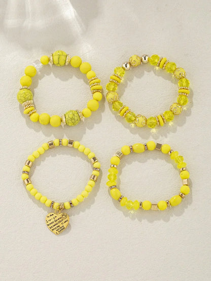 4Pcs Bohemia Acrylic Beaded Bracelet Set For Women Solid Heart Charm Elastic Chain Bangle Men Retro Daily Wear Jewelry Gift