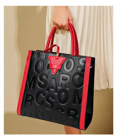 Genuine leather letter printed women's handbag new large capacity contrasting leather crossbody bag