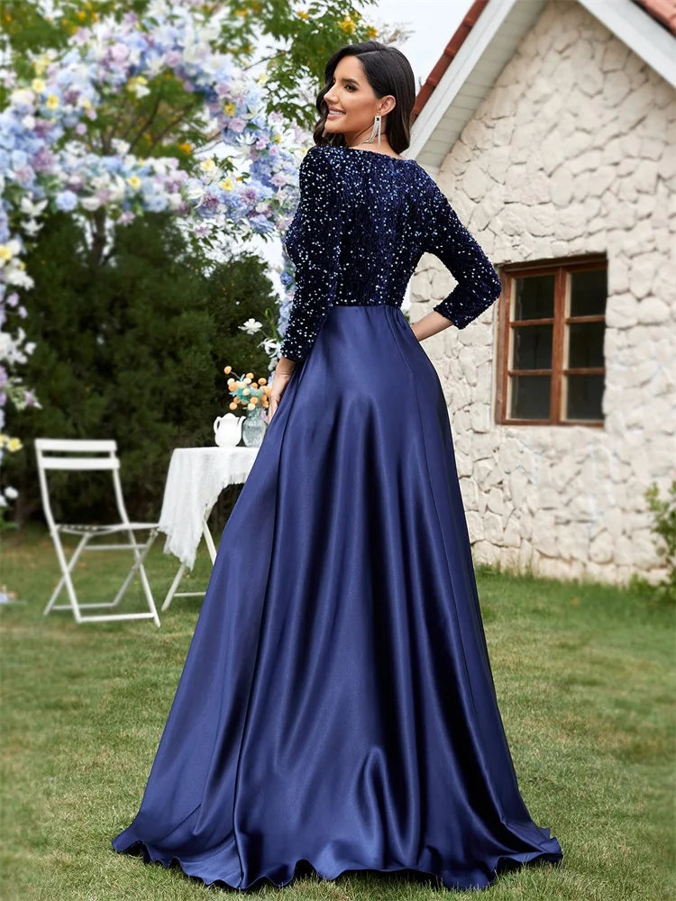 Lucyinlove Luxury Long Sleeve V-Neck Satin Formal Evening Dresses 2025 Elegant Wedding Party Sequins Women Prom Cocktail Gowns