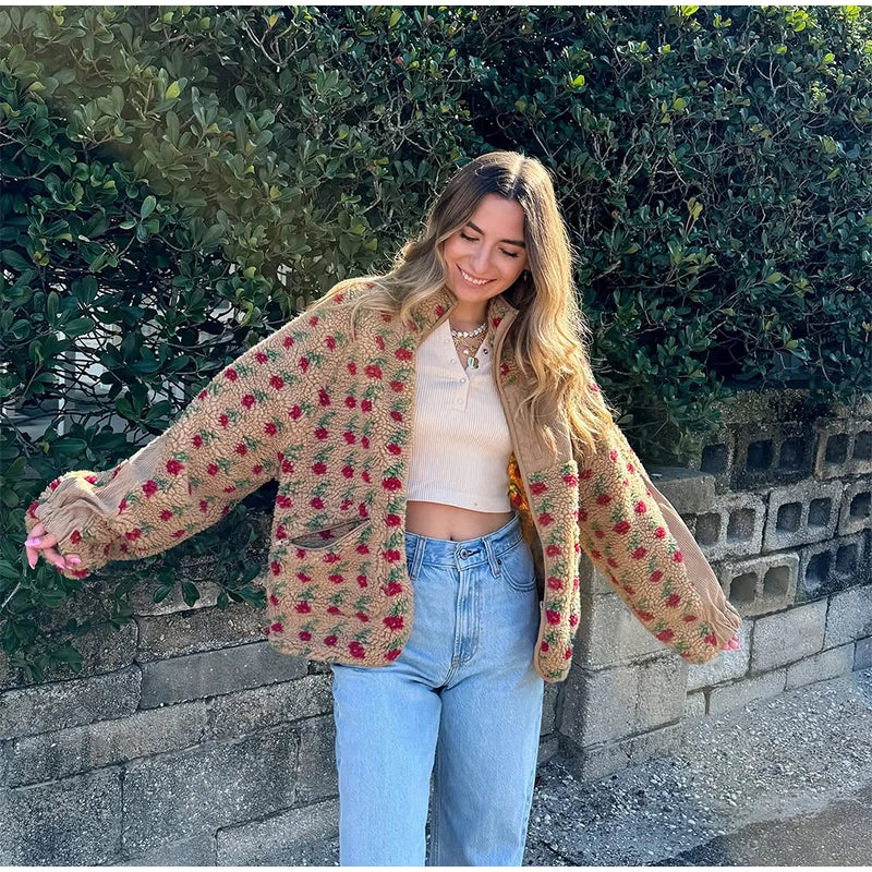 Fashion Lambswool Women's Coats Patchwork Long Sleeve Zipper Pocket Female Parka Jacket 2025 Autumn New Arrival Lady Outerwear