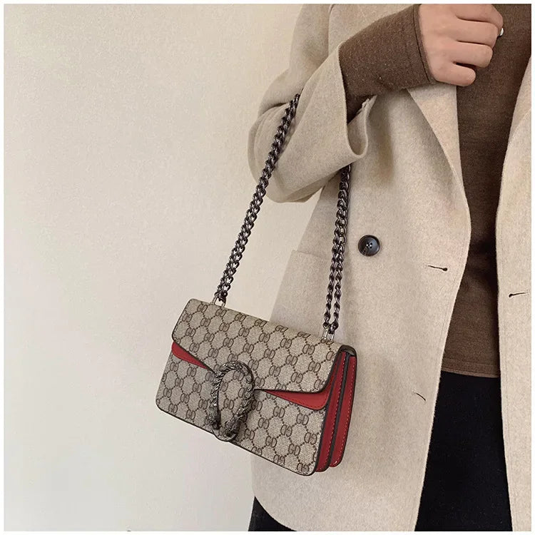 Fashionable Mini Printed Chain Women's Bag Crossbody Shoulder Bag Soft PU Leather Square Shape Bag with Phone Pocket
