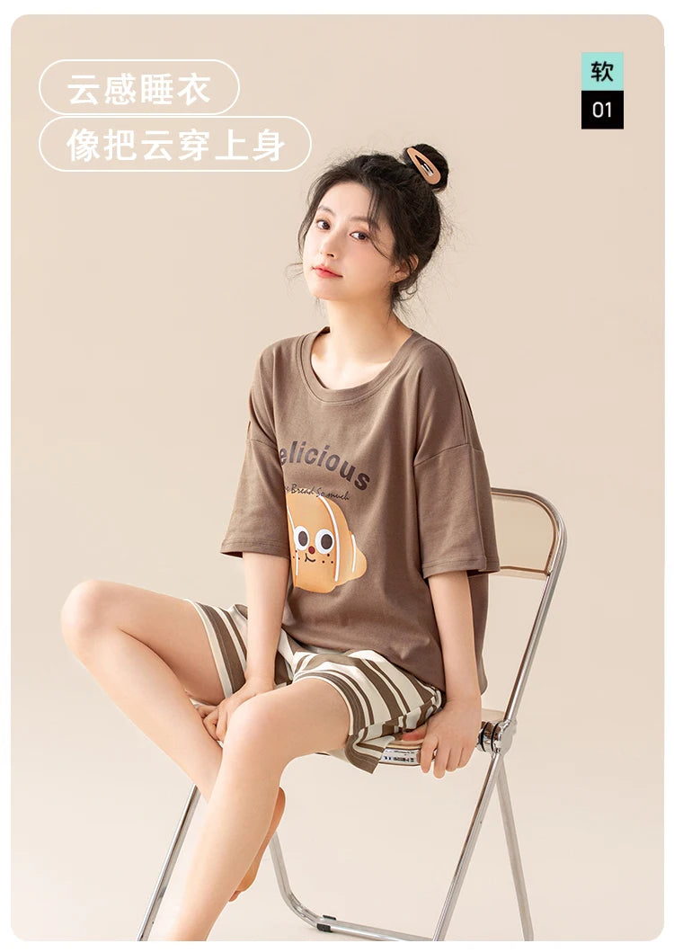 100% Pure Cotton Women Pajamas Summer Cartoon Print Pijamas Girls Nightwear Homewear Short Sleeve Sleepwear O-neck Loungewear