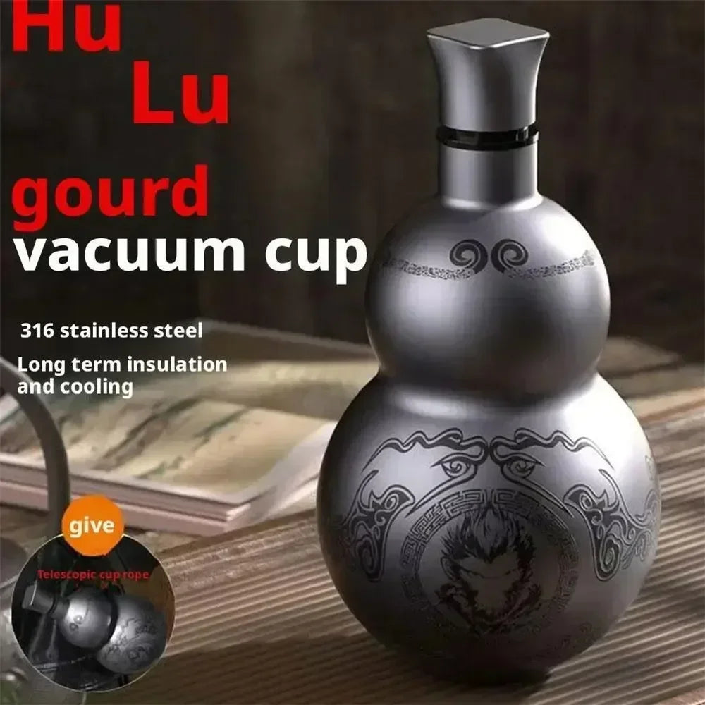 Portable Wukong Gourd Water Bottle – 500ml 304 Stainless Steel Insulated Cup, Black Game Role-Playing Decoration
