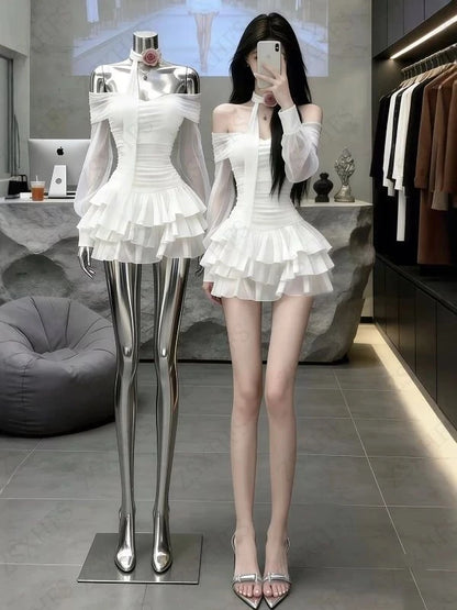 Korea Kawaii Sexy Dresses Punk Aesthetic 2000s Summer Sexy Girl Gentle Dress Chiffon Perspective Trendy Slim Tiered Short Dress