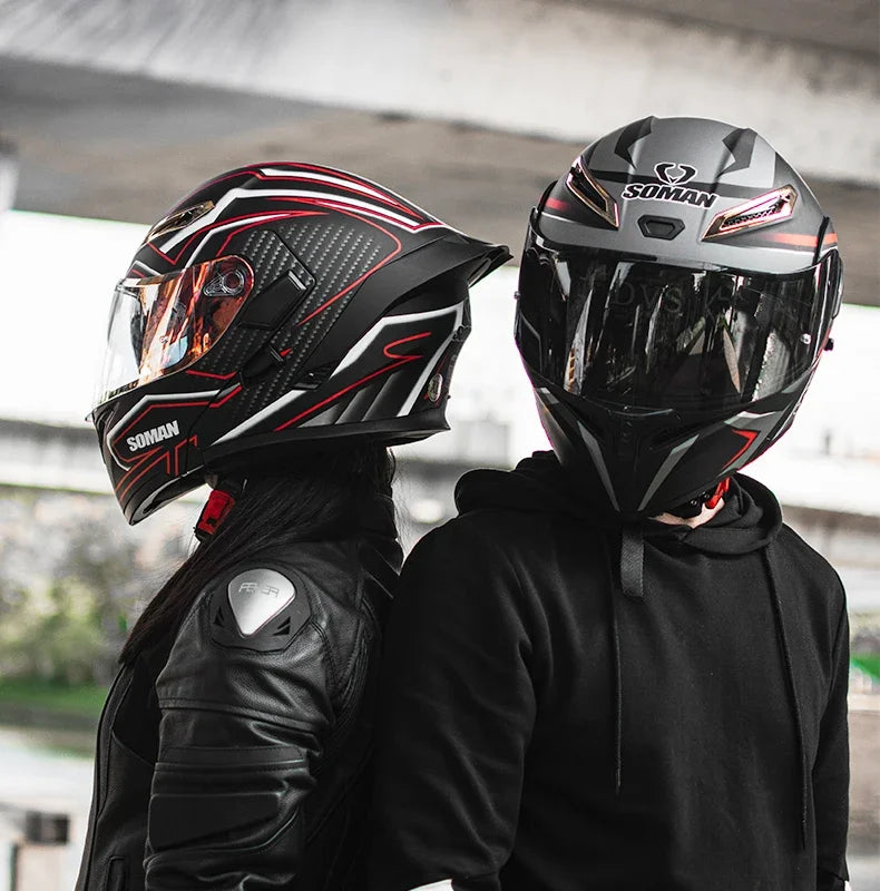 SOMAN Full Face Helmet Dual Lens Flip Up Motorcycle Helmets Casco Accessories Men Women Casque Moto Racing DOT Approved Visor