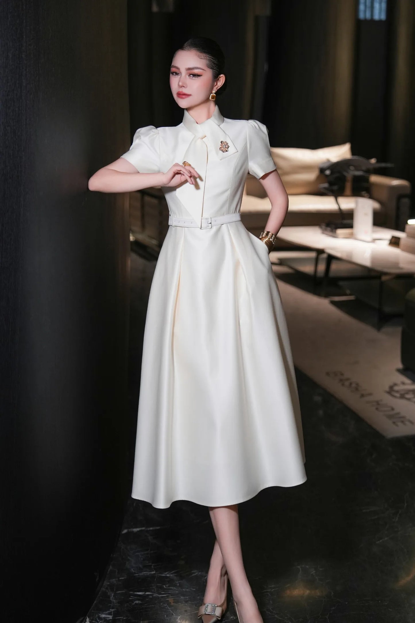 ZJYT Sweet Pink Bow Collar Dress for Women Short Sleeve Midi Formal Party Aline Vestidos Elegant Spring Summer Designer 2025 New