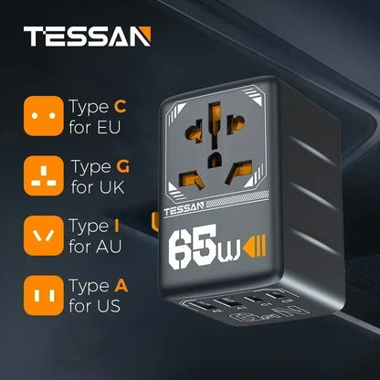TESSAN 100W GaN Universal Travel Adapter with USB &Type C Fast Charging International Plug Adapter EU/UK/USA/AUS Plug for Travel