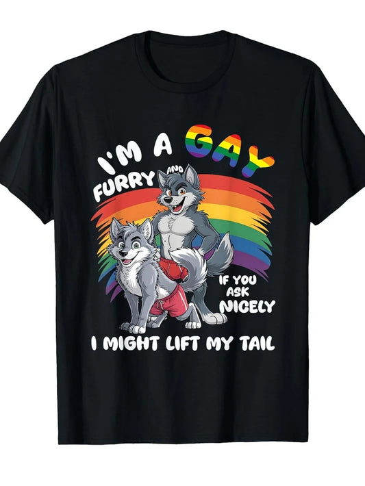 Men's Women's Fun Gay Furry Pride Month T-Shirt Rainbow Fox and Dog Pattern " I Am Gay" Streetwear LGBTQ Pride Tshirts Gifts