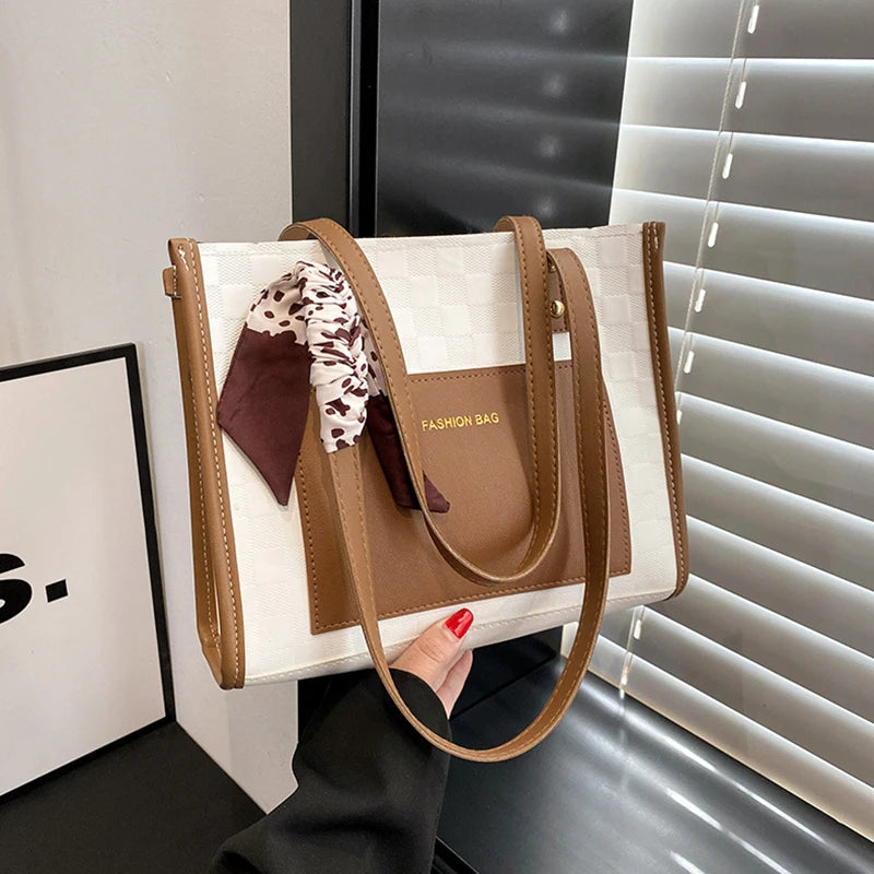 Patchwork Contrast Color Handbag Women's Casual Fashion Tote Bag Large Capacity Single Shoulder Bag Women's Silk Scarf Bag